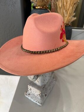 Coral Pink Women's Felt Fedora Hat with Stud Trim and embroidered appliqué